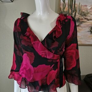 Polyester chiffon wrap blouse, La Belle, red and black floral print with ruffle